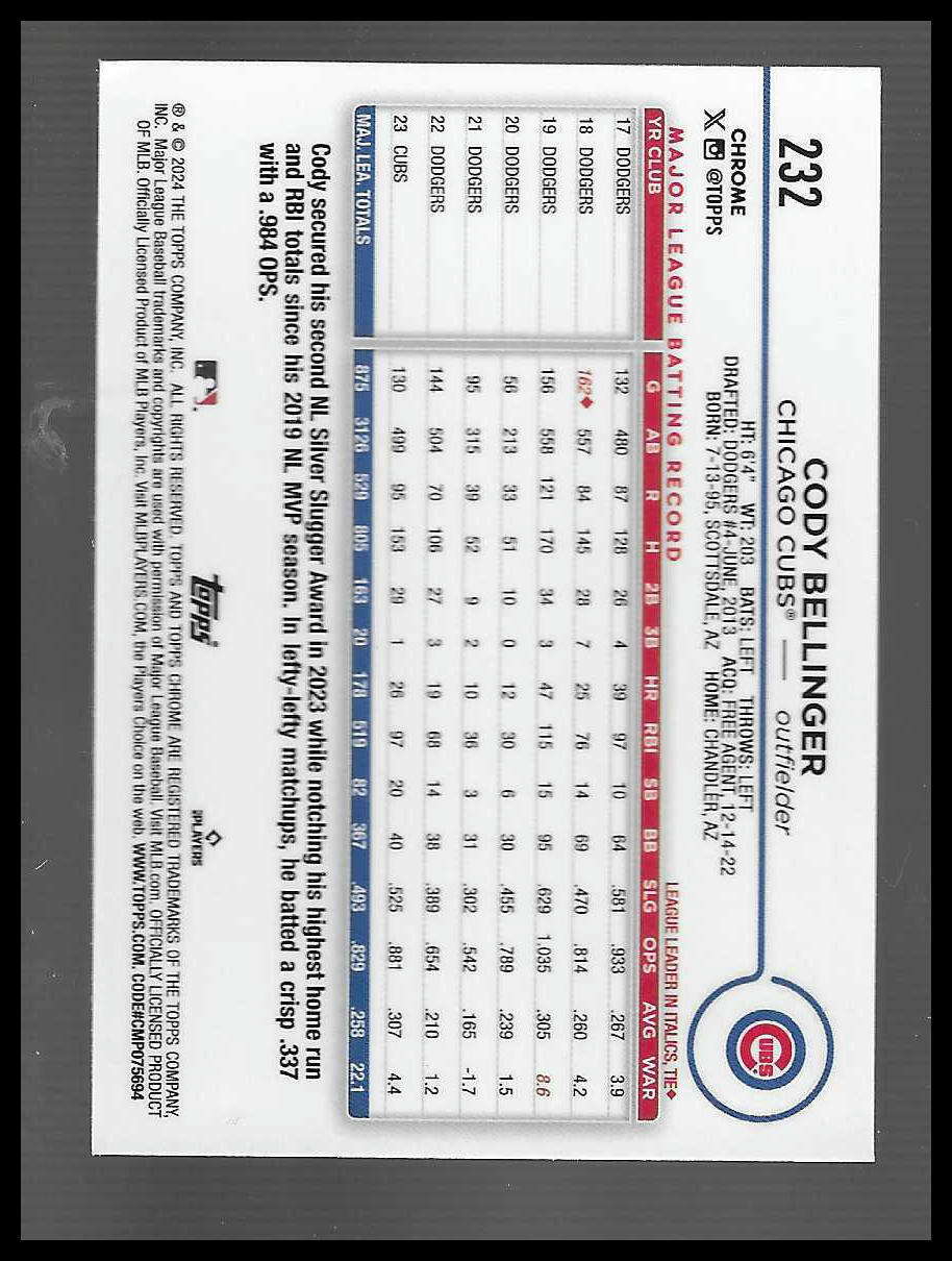 2024 Topps Chrome #232 Cody Bellinger Sepia Refractor