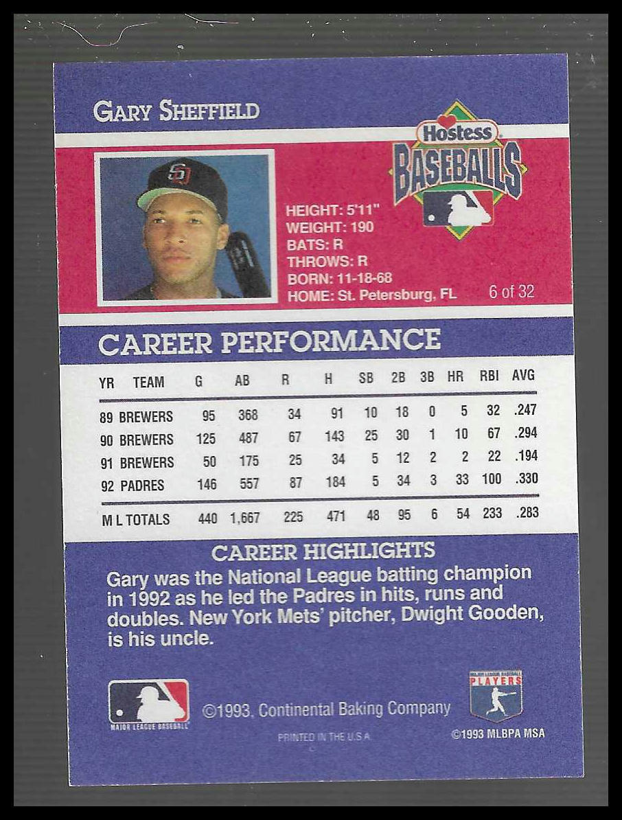 1993 Hostess #6 Gary Sheffield