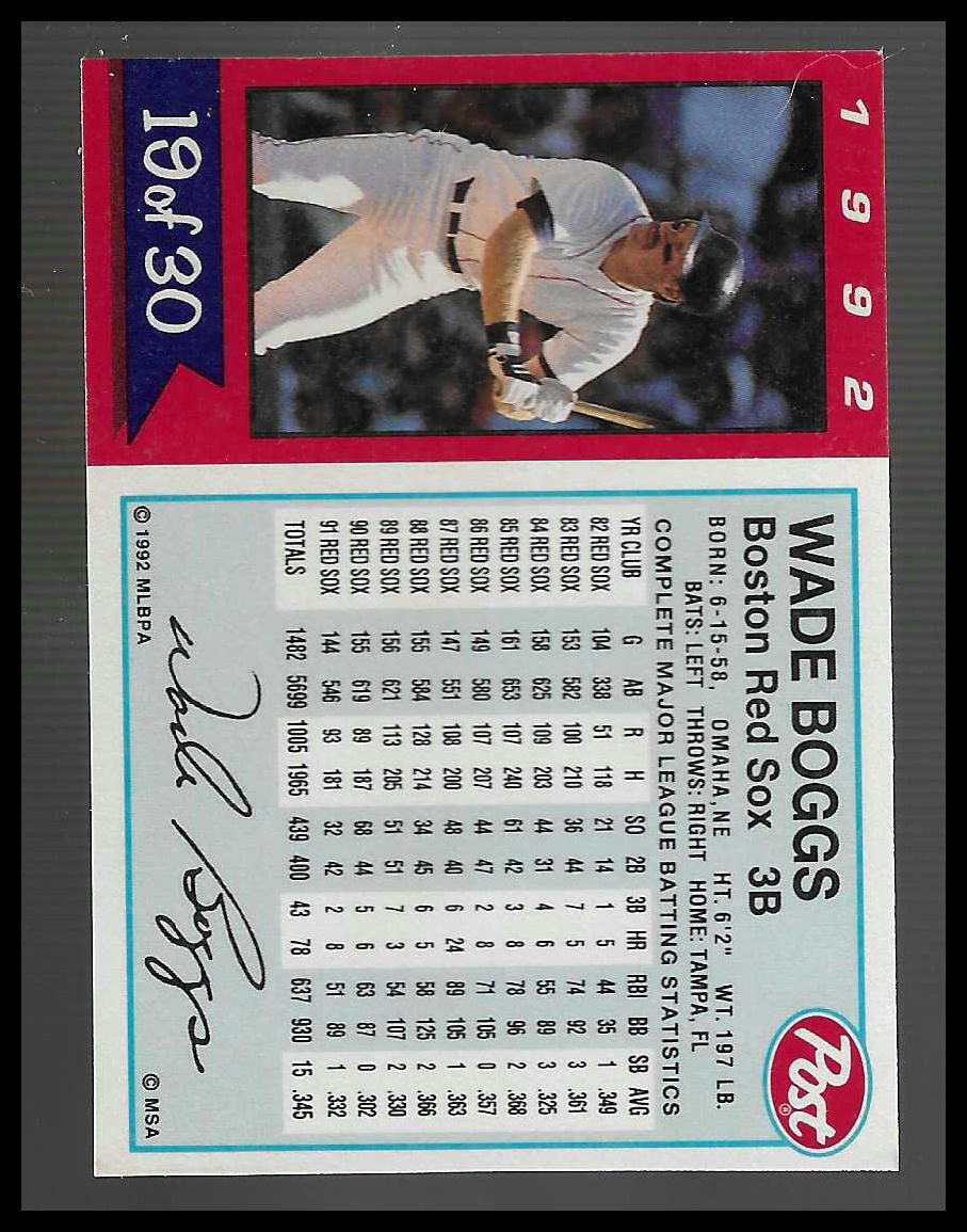 1992 Post Cereal #19 Wade Boggs