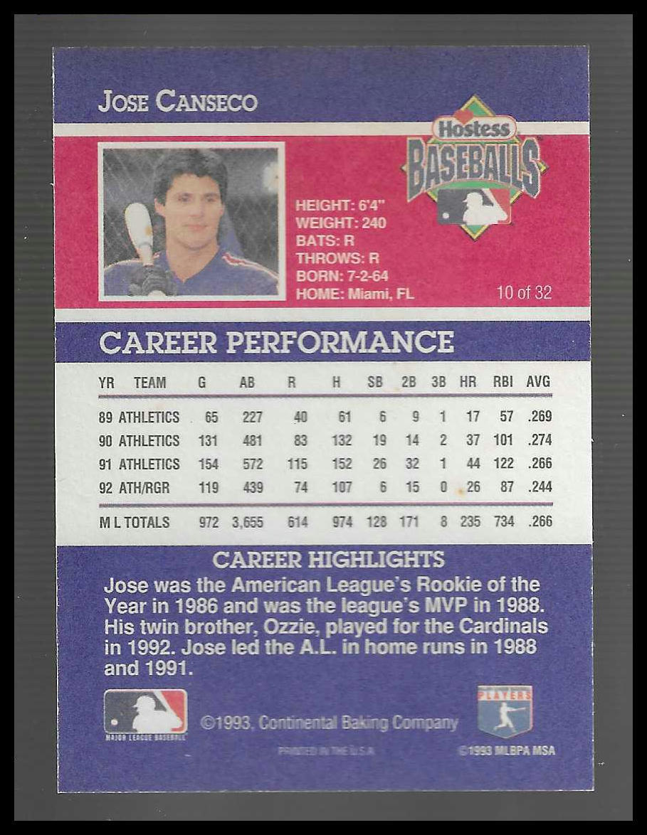 1993 Hostess #10 Jose Canseco