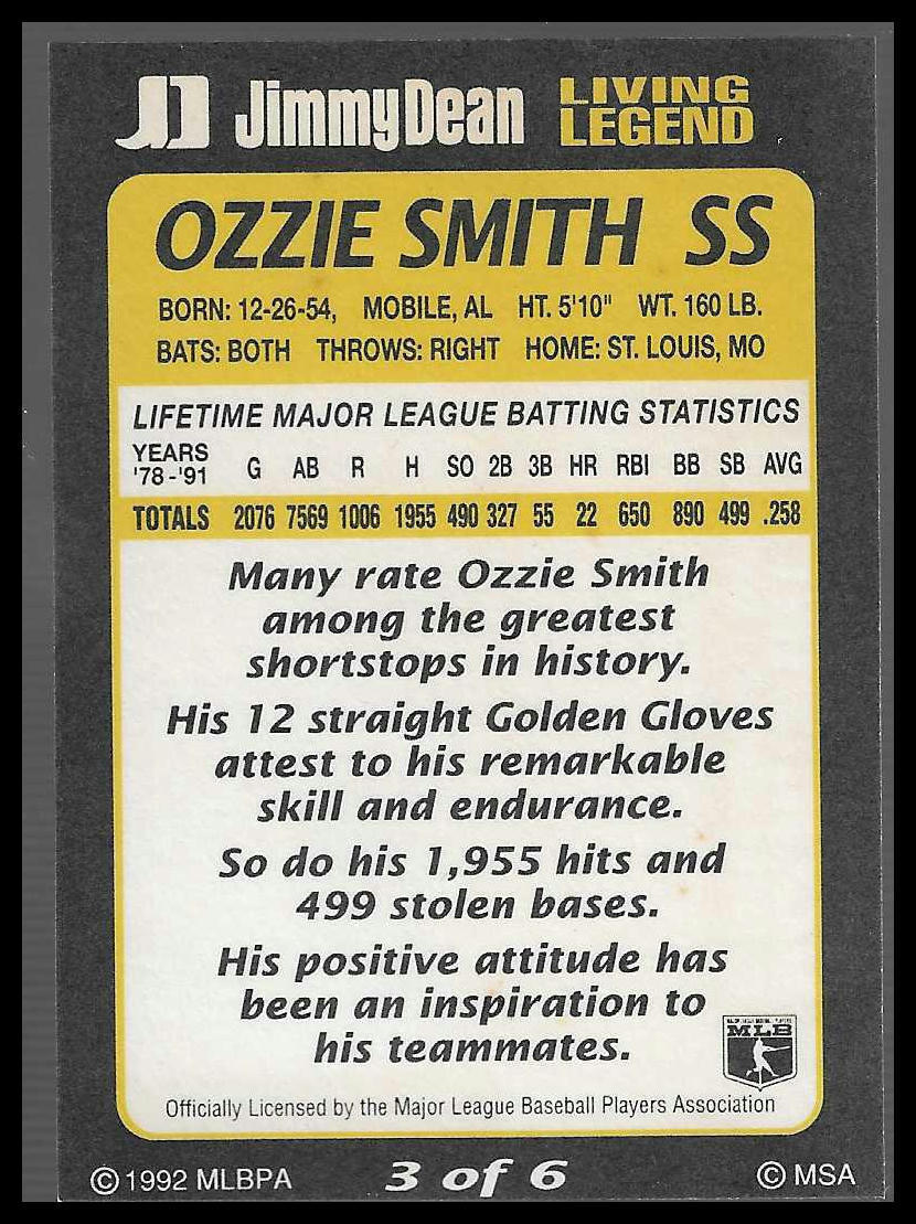 1992 Jimmy Dean Living Legends #3 Ozzie Smith