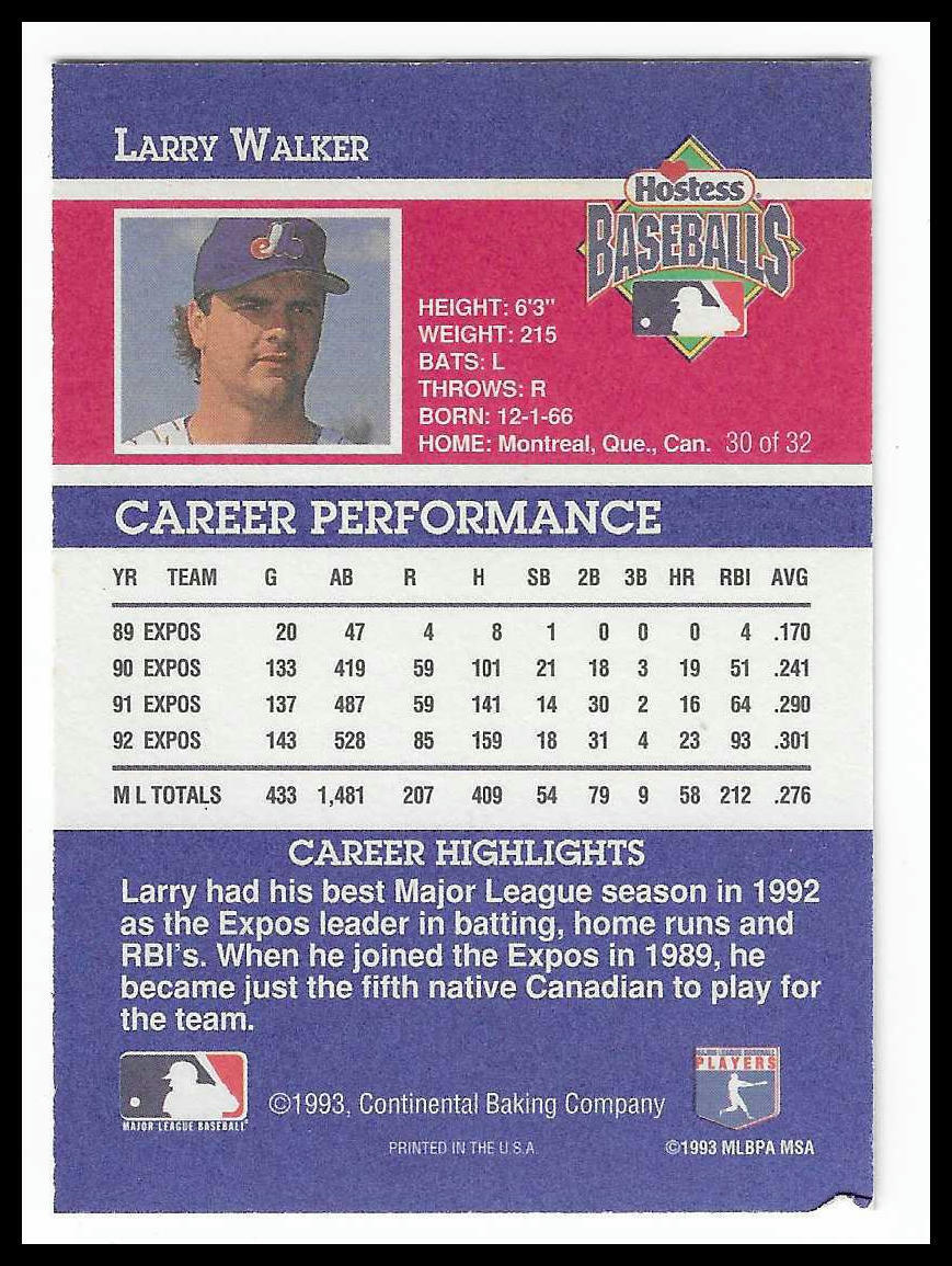 1993 Hostess #30 Larry Walker