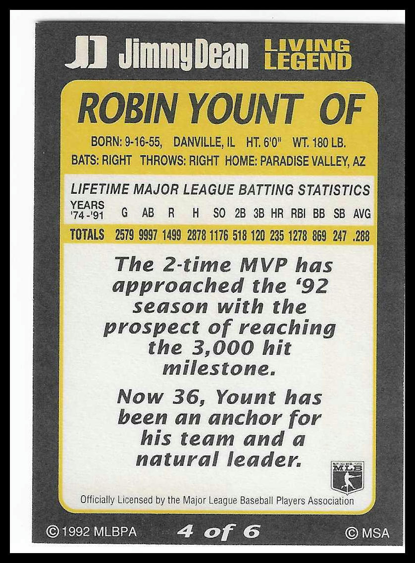 1992 Jimmy Dean Living Legends #4 Robin Yount