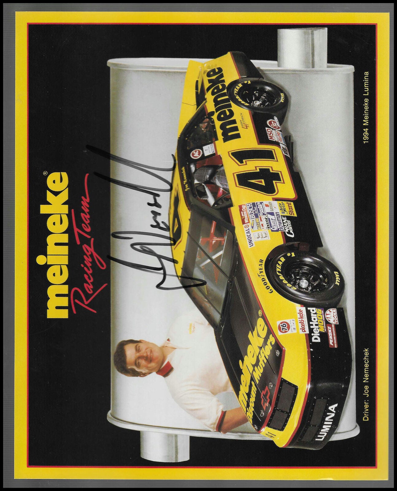 1994 Joe Nemechek and Meineke Racing 8x10 Hard Card Joe Nemechek Autographed