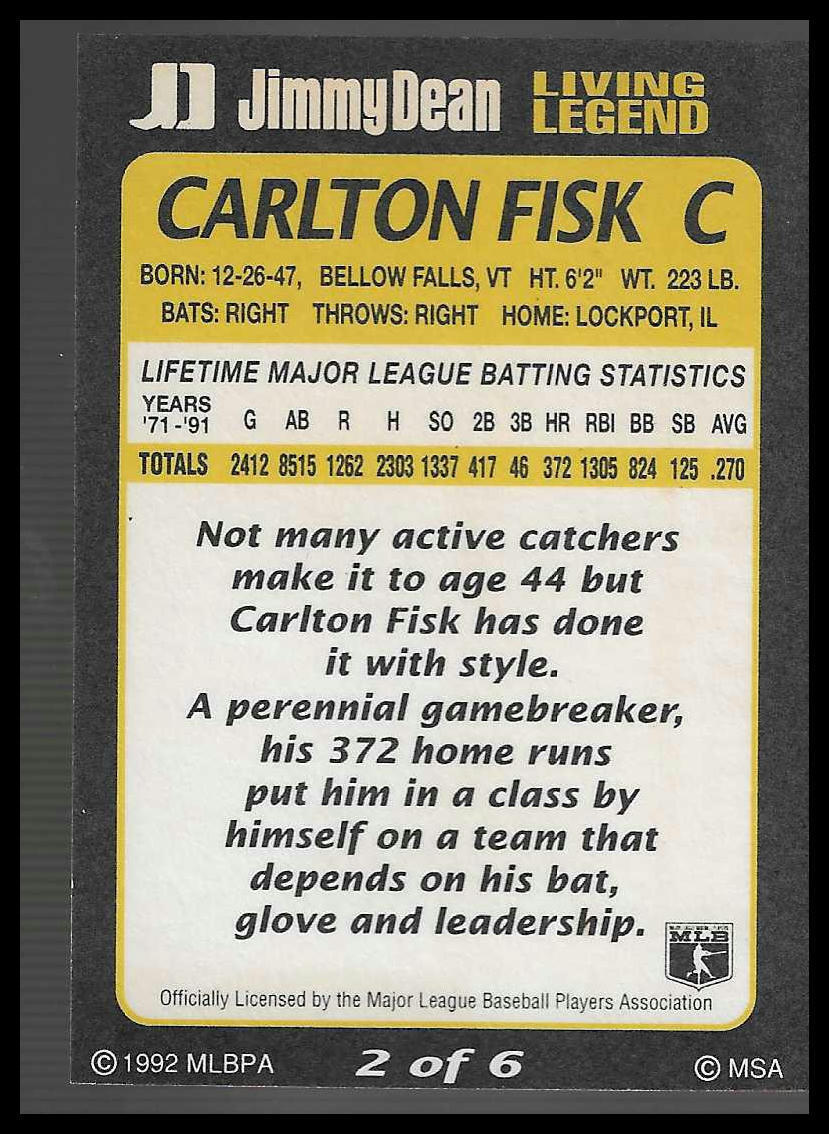 1992 Jimmy Dean Living Legends #2 Carlton Fisk