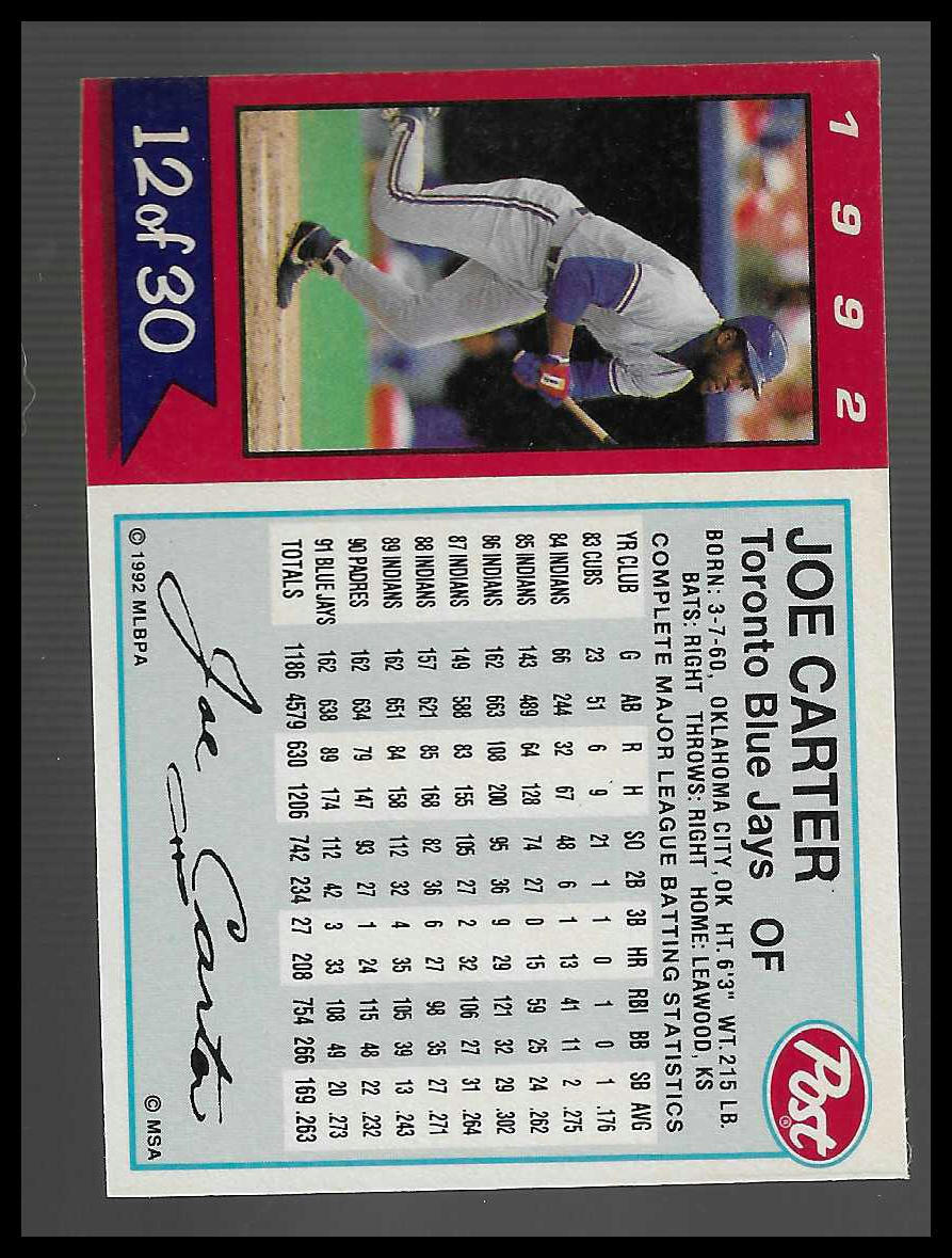 1992 Post Cereal #12 Joe Carter