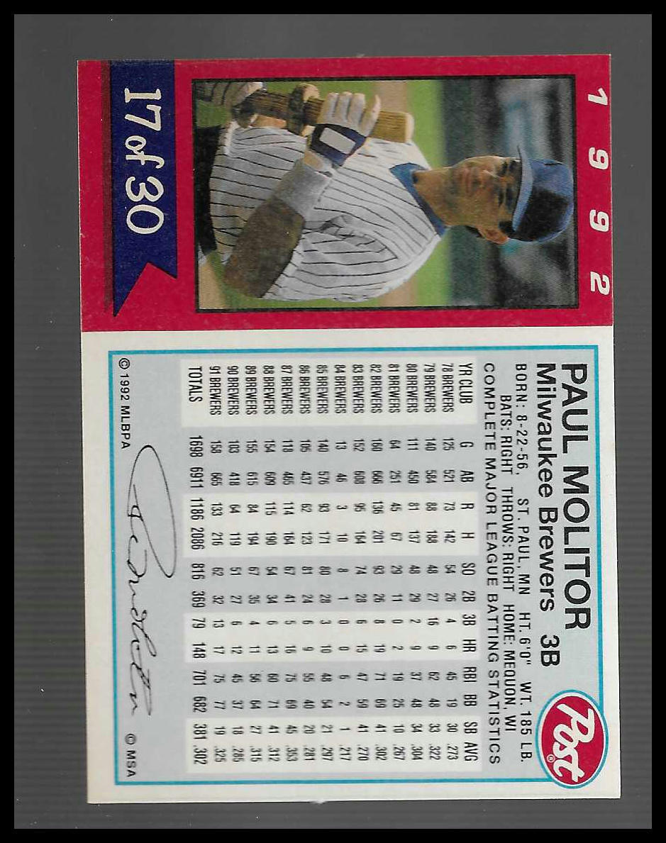 1992 Post Cereal #17 Paul Molitor