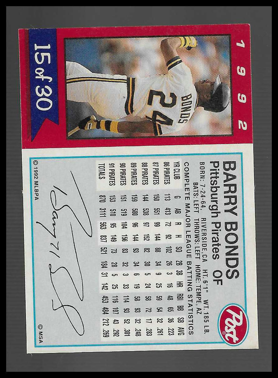 1992 Post Cereal #15 Barry Bonds