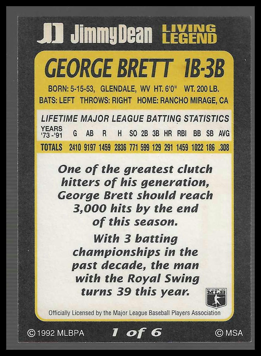 1992 Jimmy Dean Living Legends #1 George Brett