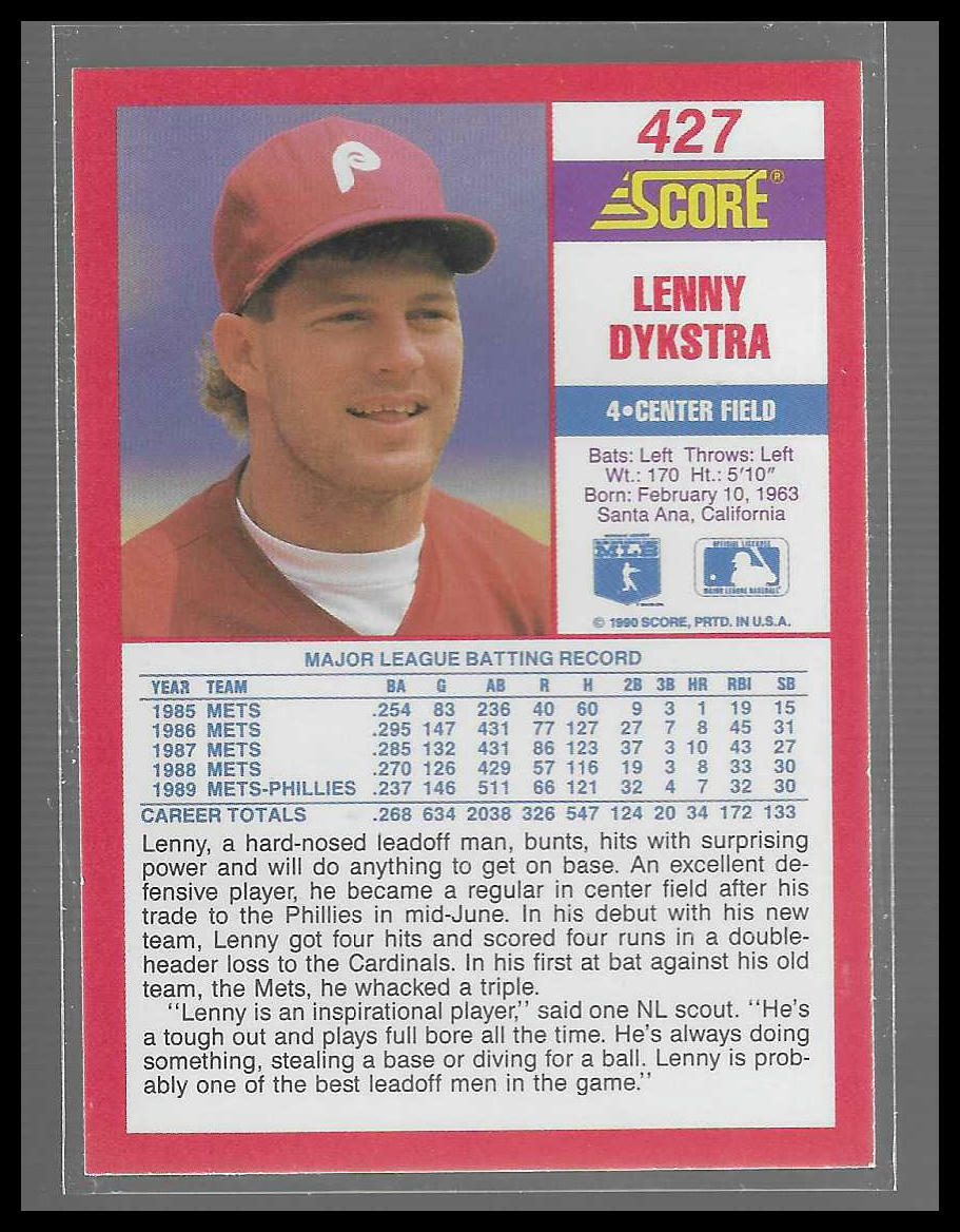 1990 Score #427 Lenny Dykstra