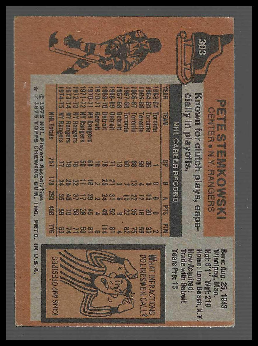 1975-76 Topps #303 Pete Stemkowski !!!!!RARE MISCUT CARD!!!!