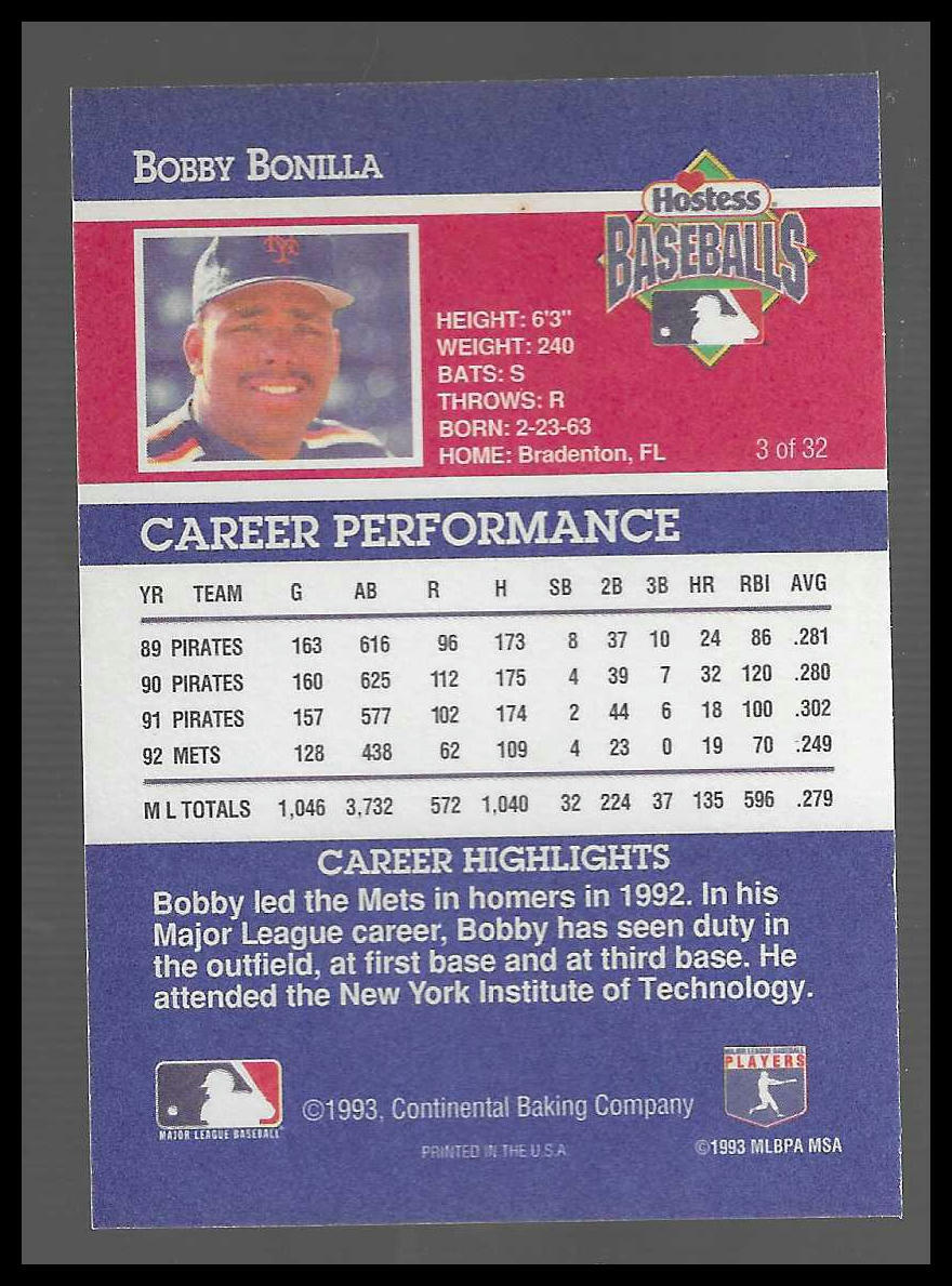 1993 Hostess #3 Bobby Bonilla