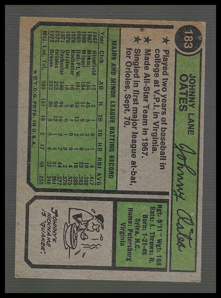 1974 Topps #183 Johnny Oates