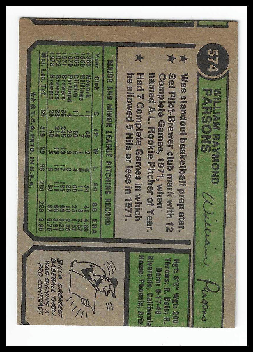 1974 Topps #574 Bill Parsons