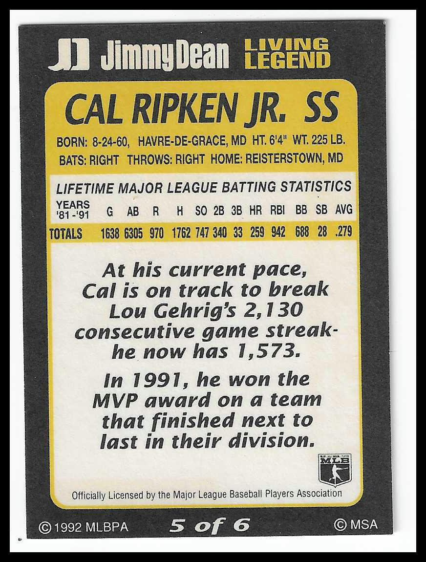 1992 Jimmy Dean Living Legends #5 Cal Ripken Jr.