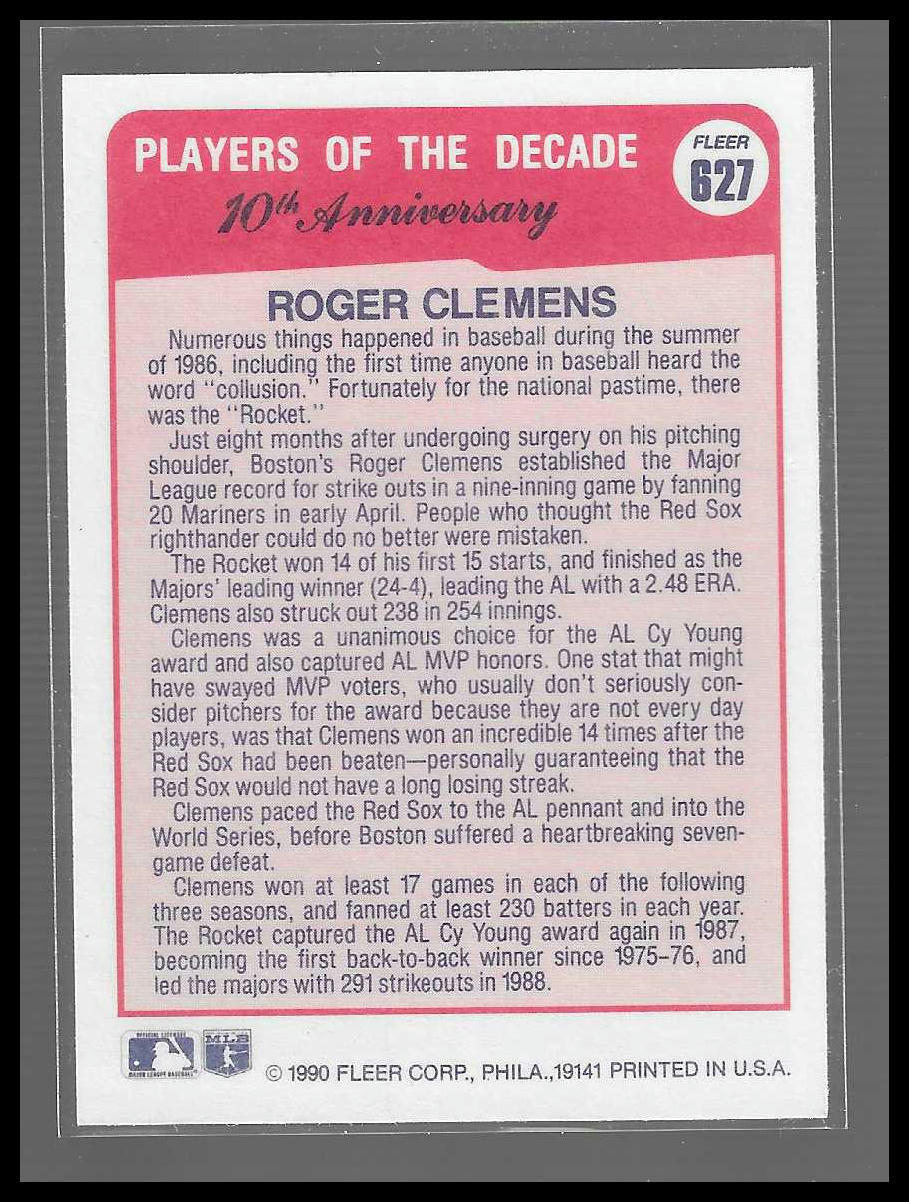 1990 Fleer #627b Roger Clemens