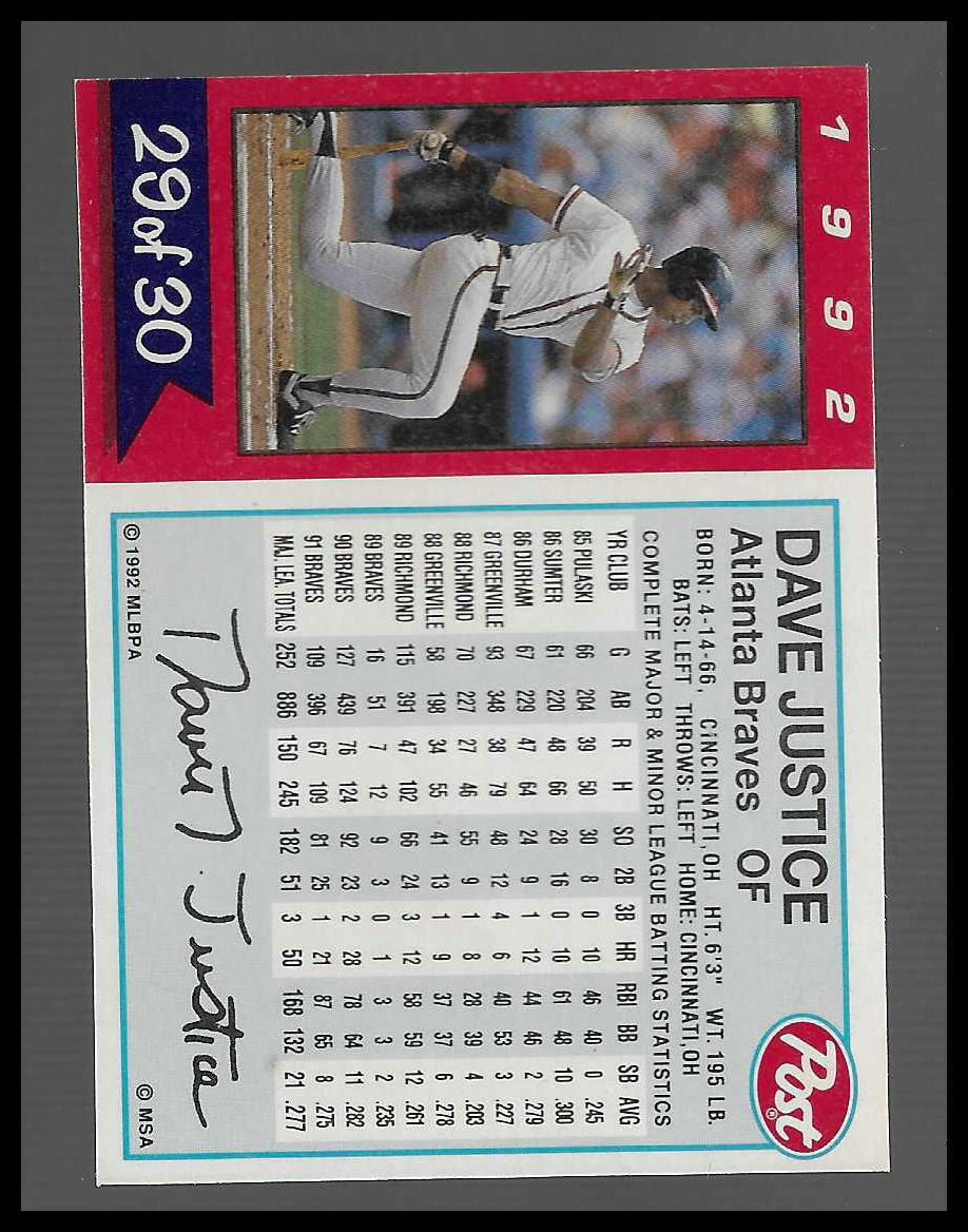 1992 Post Cereal #29 Dave Justice